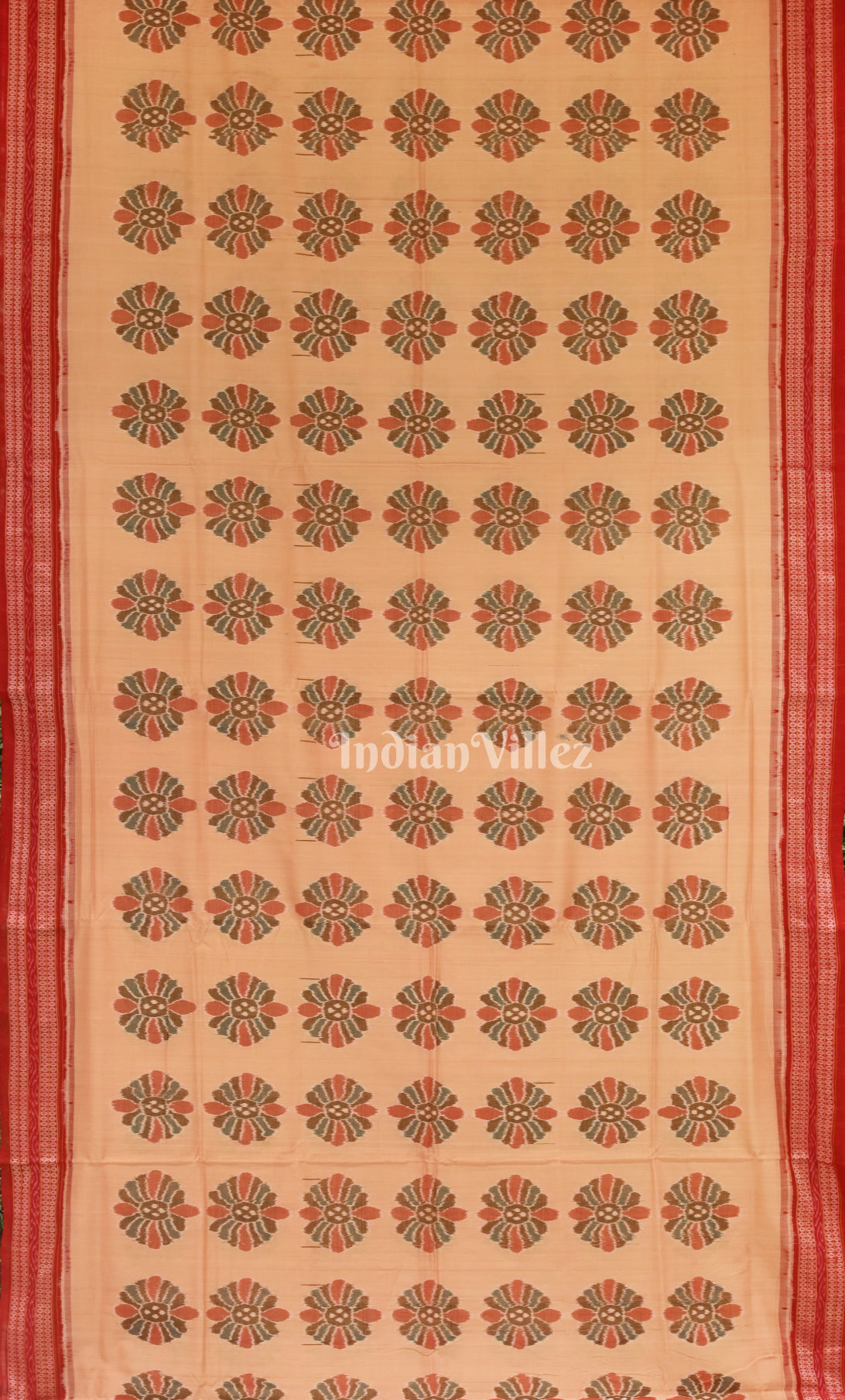 Cream Red Floral Motif Sambalpuri Cotton Saree with Jungle Anchal