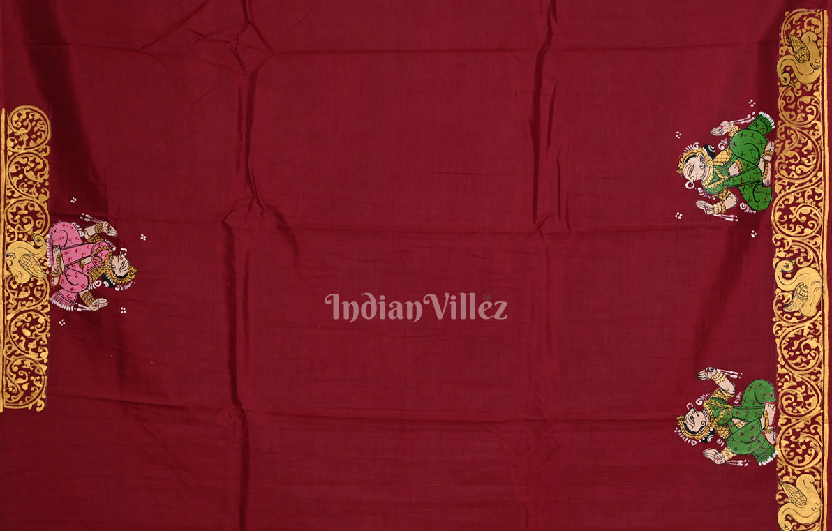 Maroon Ramayana Theme Hand-Painted Pattachitra Saree