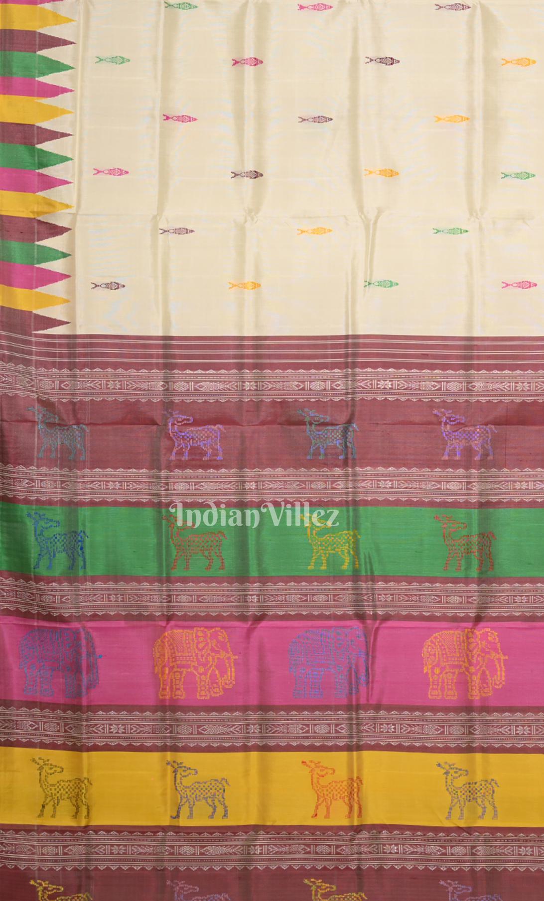 white with Multicolour  Fish Motif Double Pallu Berhampuri Silk Saree 