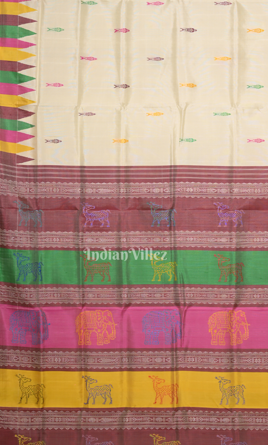 white with Multicolour  Fish Motif Double Pallu Berhampuri Silk Saree 