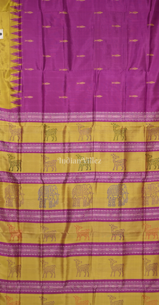 Purple Mustrad Yellow Fish Motif Double Pallu Berhampuri Silk Saree