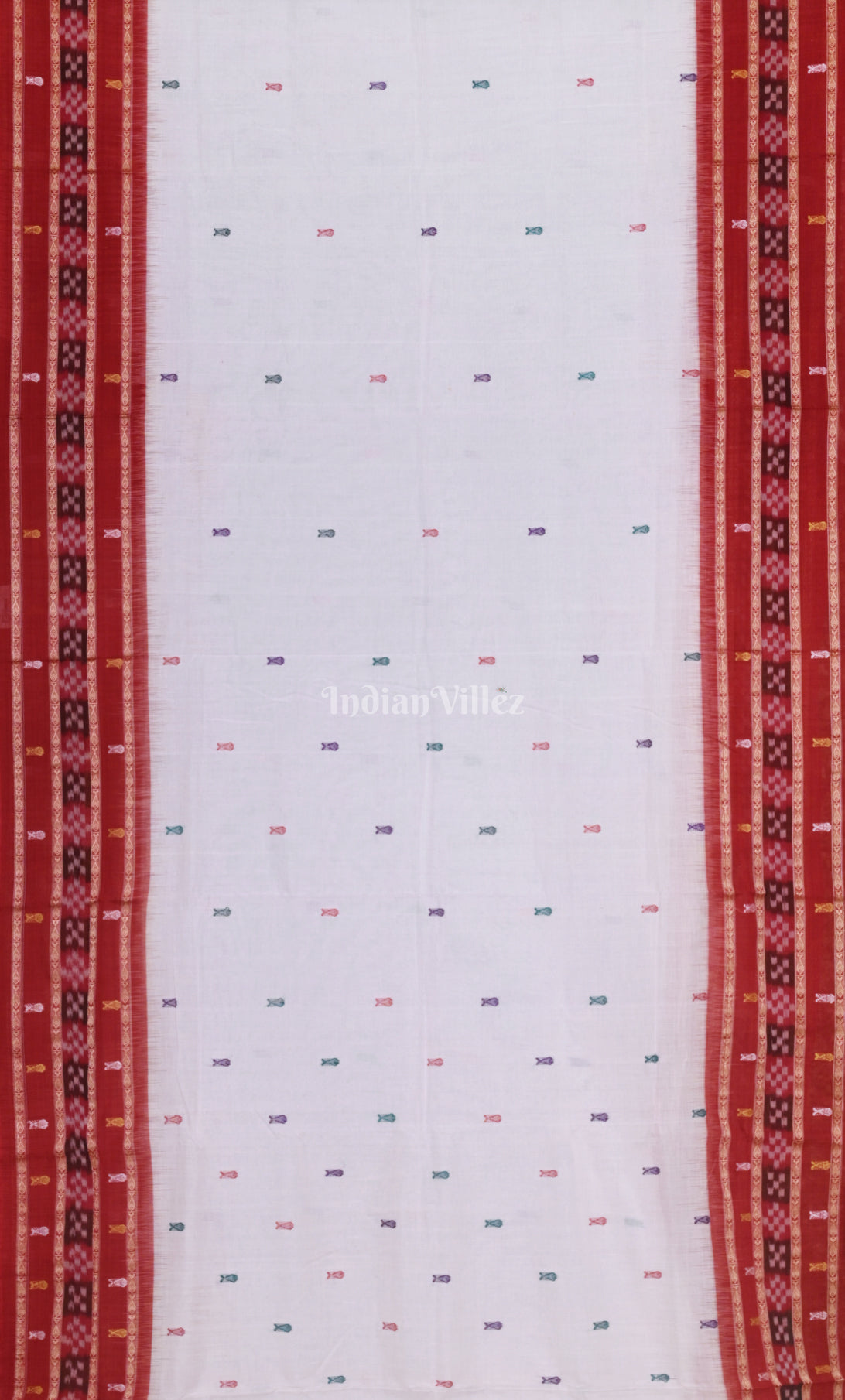White Red  Fish Motif Odisha Ikat Sambalpuri Cotton Saree 
