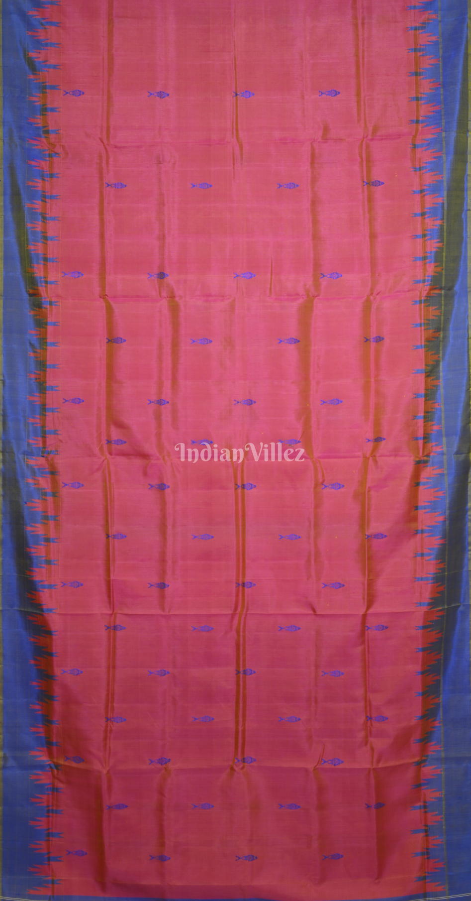 Pink Blue Fish Motif Double Pallu Berhampuri Silk Saree