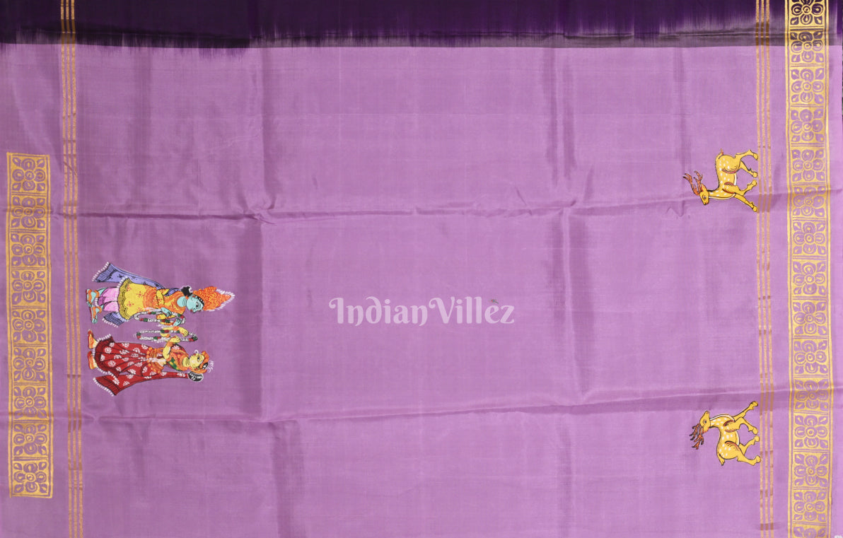 Purple Pink Ramayan Theme  Hand-Painted Pattachitra Saree