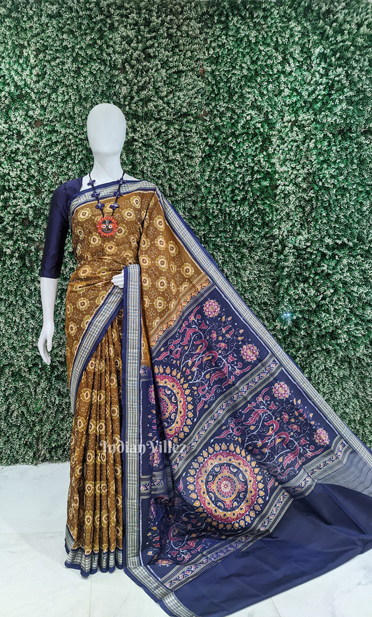 Chocolate Brown Blue Odisha Ikat Sambalpuri Silk Saree