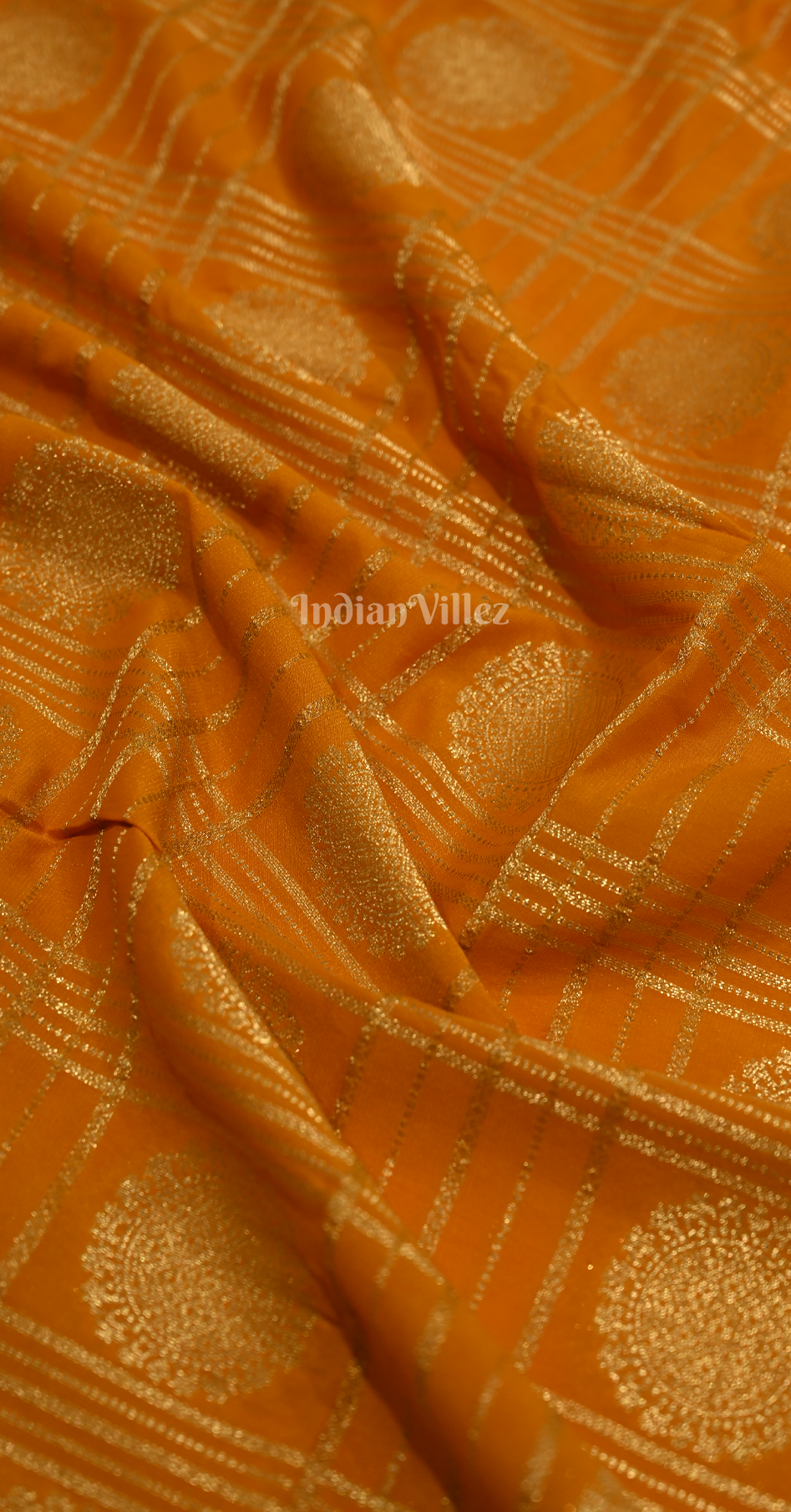 Mustard Yellow Green Checks Buta Pure Crepe Kanjivaram Silk Saree