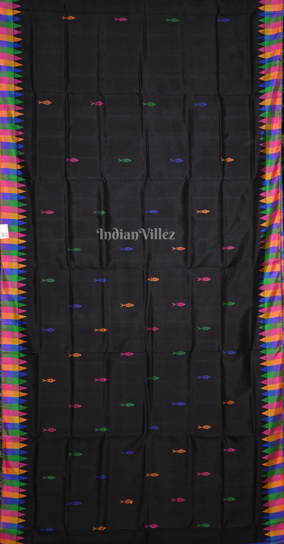 Black with Multi Colour Fish Motif Double Pallu Berhampuri Silk Saree