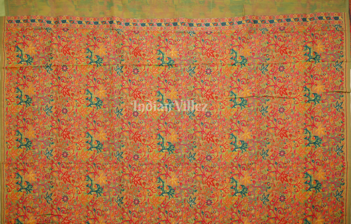 Parrot Green Tree of Life Pure Kashmiri Cotton Pashmina Saree