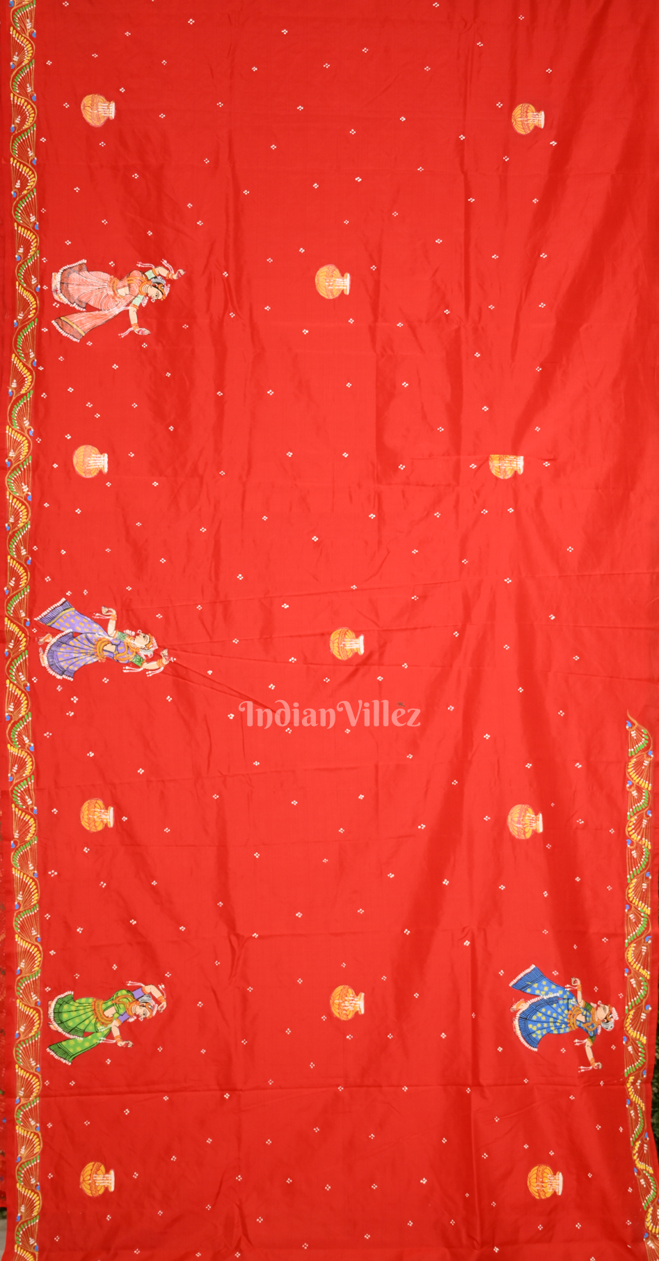Red Peacock Blue (Mayur) & Nartaki Theme Dual Tone Hand-Painted Pattachitra Saree 
