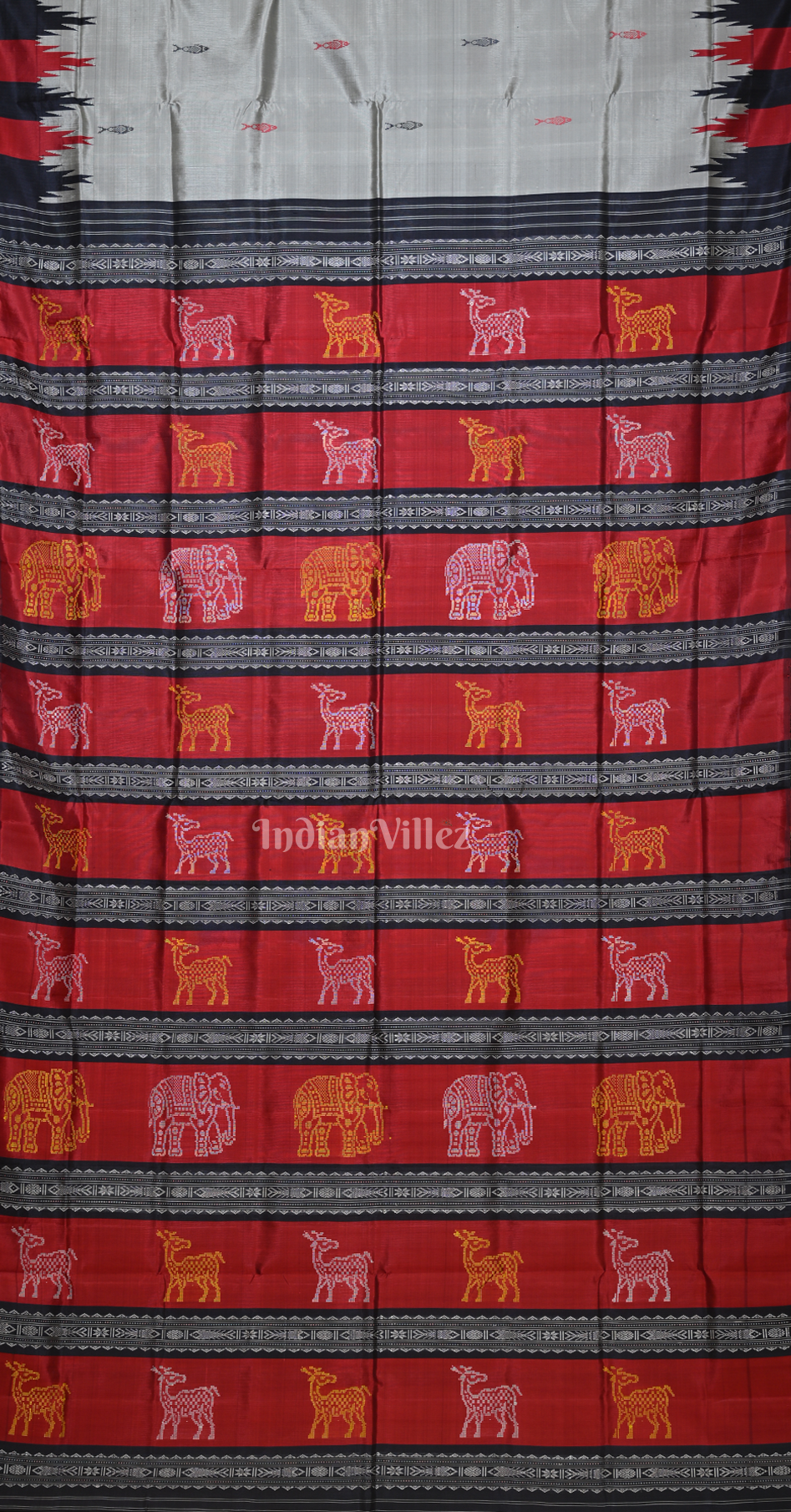 Cement Grey Red Fish Motif Double Pallu Berhampuri Silk Saree