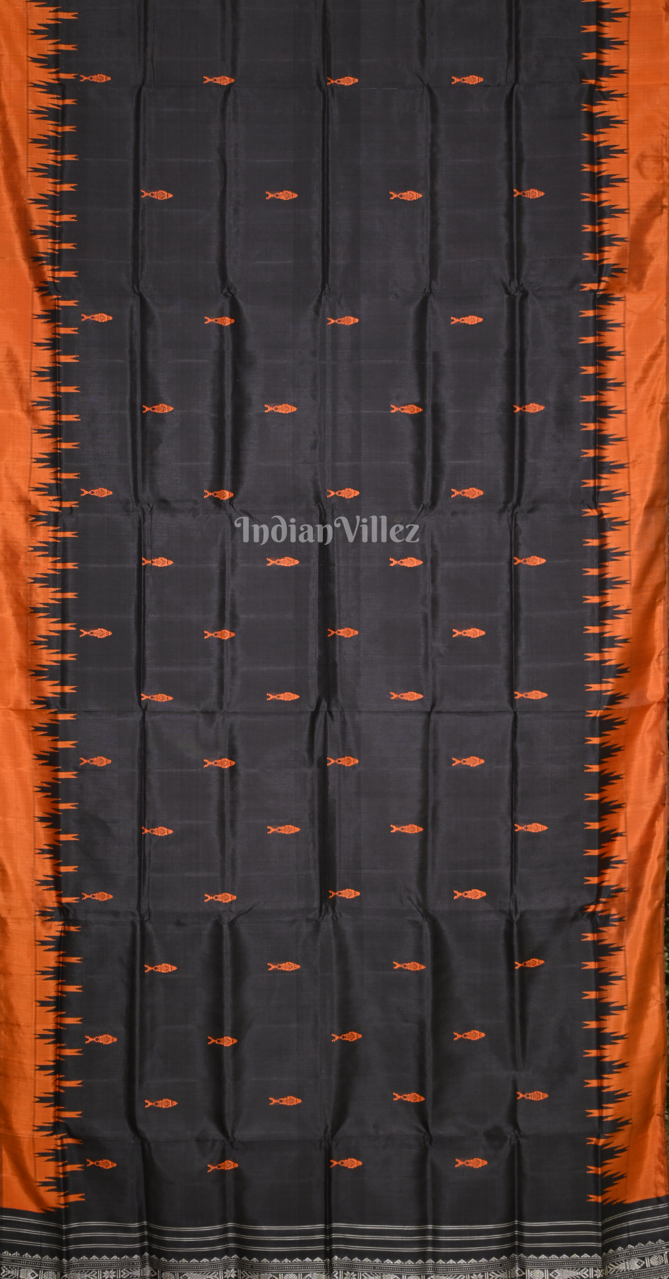 Black Rust Orange Fish Motif Double Pallu Berhampuri Silk Saree 