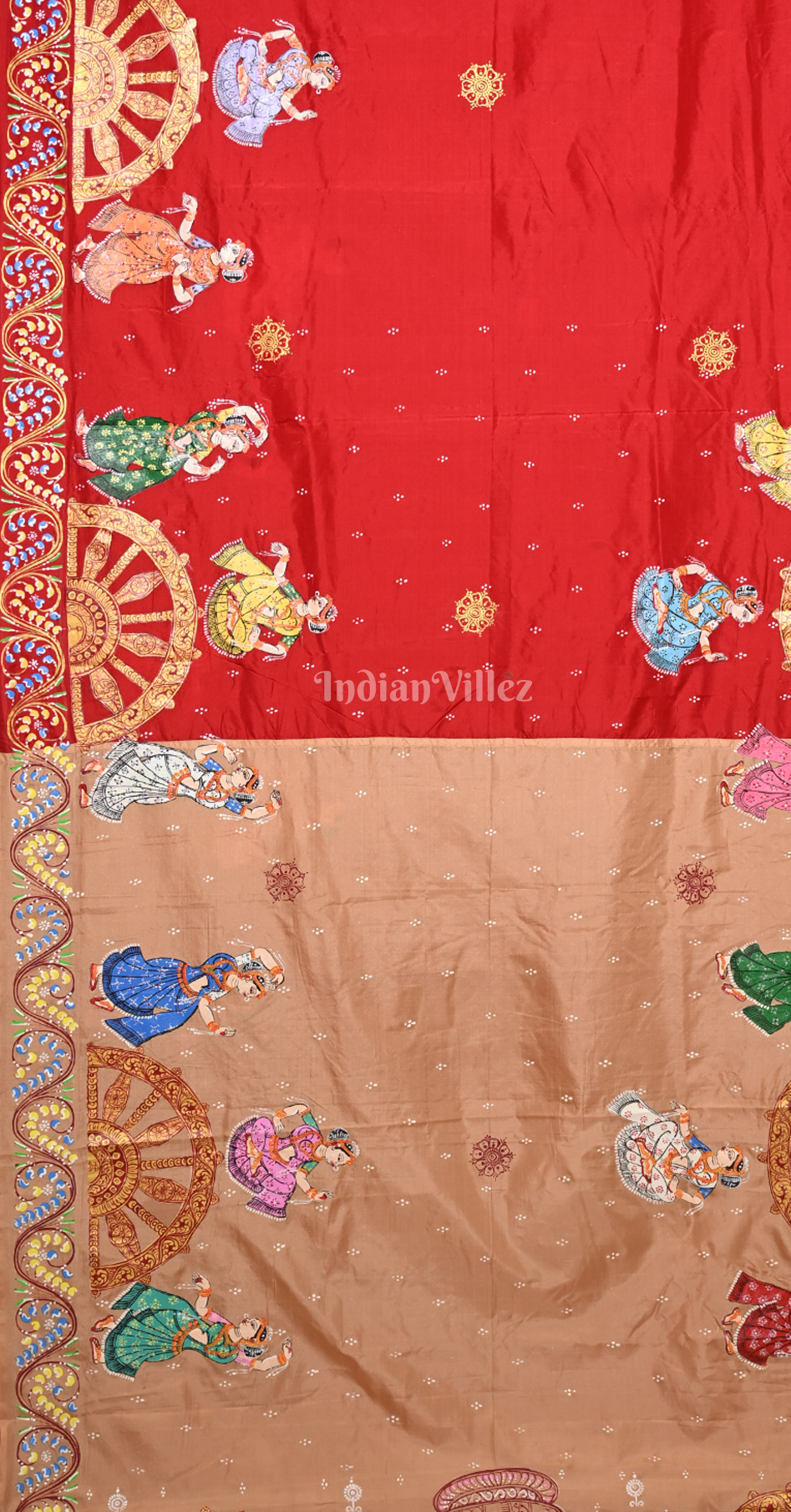 Beige Red Nartaki Konark Temple Hand-Painted Pattachitra Saree 