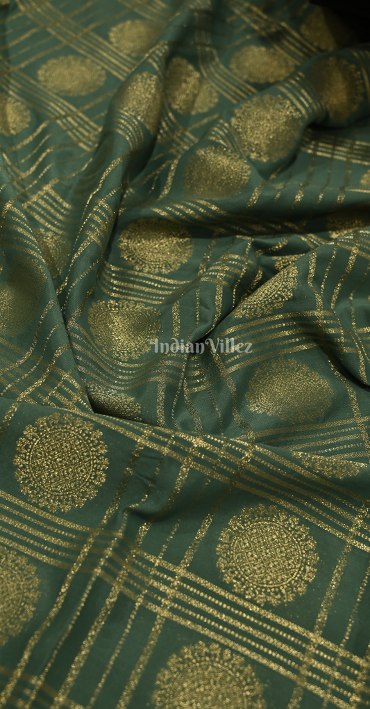Sage Green Coffee Checks Pure Crepe Kanjivaram Silk Saree