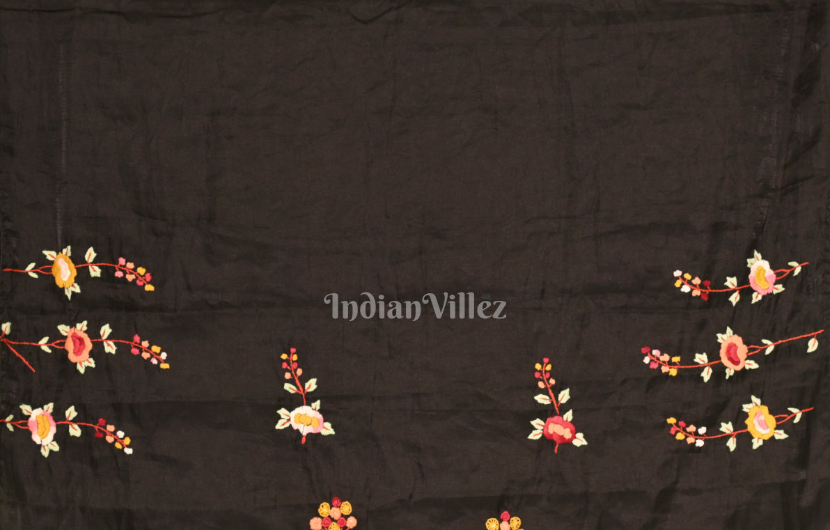  Deep Black Tusasr Silk Saree with Floral Hand Embroidery Work