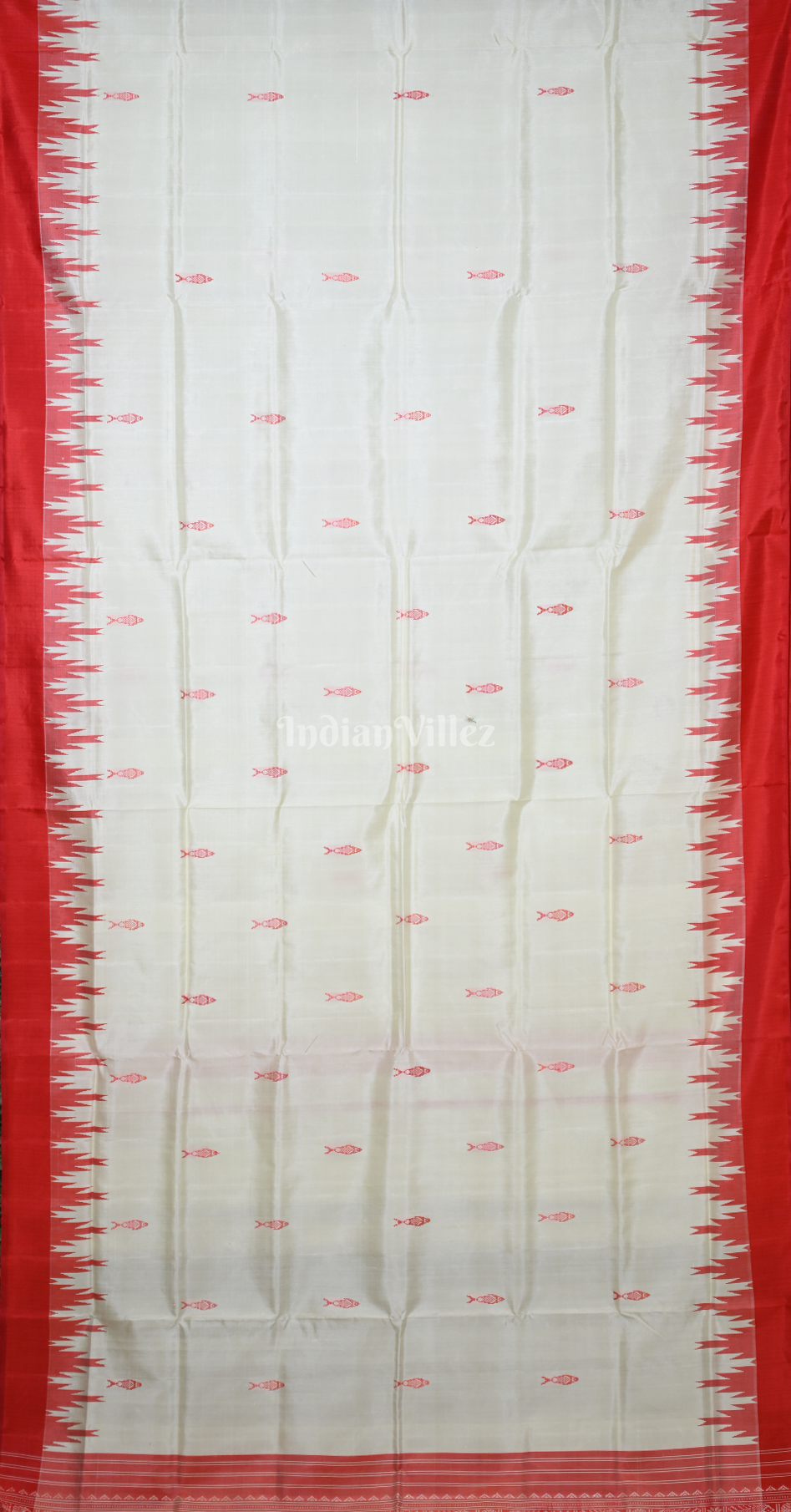 White Red Fish Motif Double Pallu Berhampuri Silk Saree 