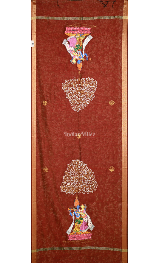 Maroon Radha Krishna Raas Leela Hand-Painted Pattachitra Chanderi Dupatta