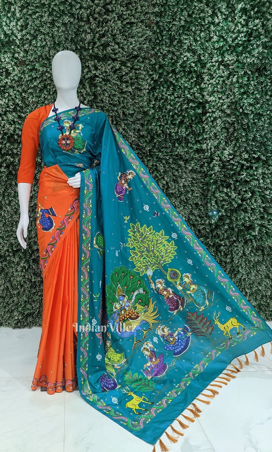 Orange Green peacock (Mayur) & Nartaki Theme Pattachitra Saree