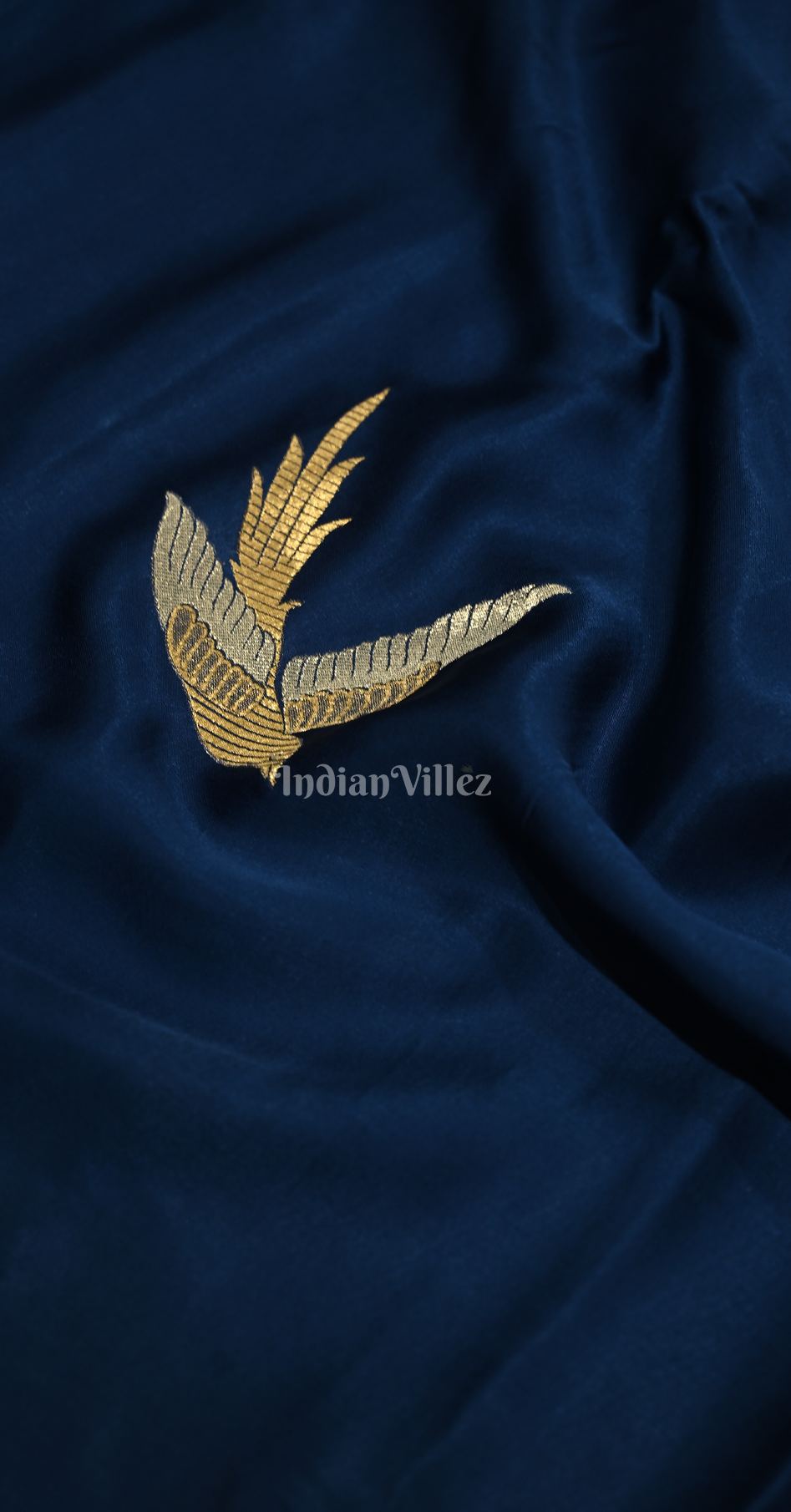 Blue Red Bird Motif Pure Satin Crepe Silk Banarasi Saree 