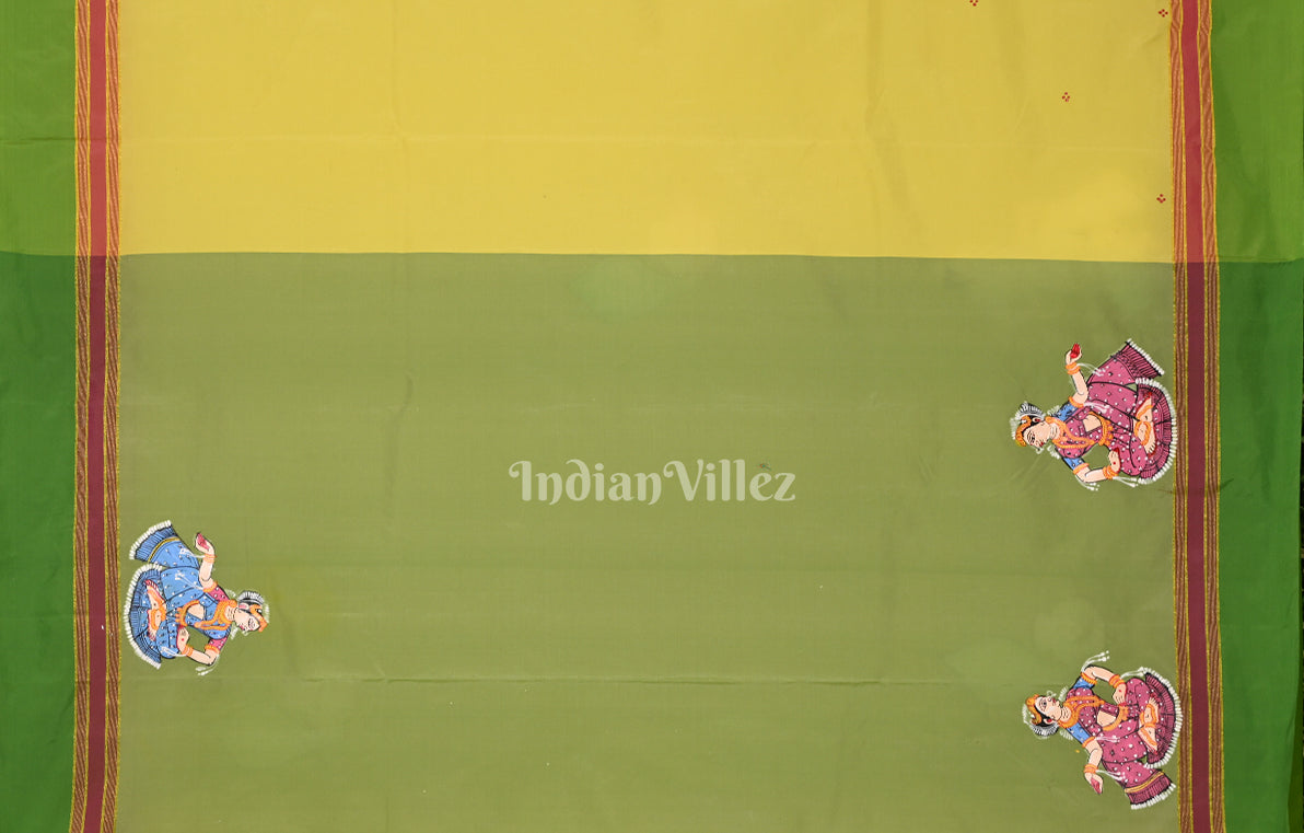 Yellow Green Krishna Raas Leela Hand-Painted Pattachitra Saree