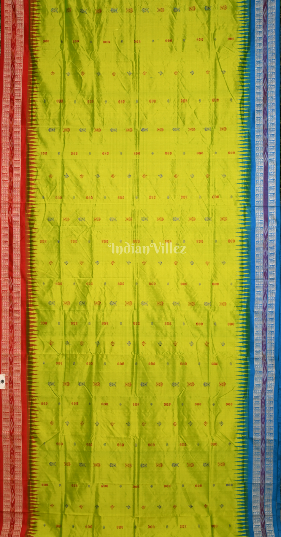 Parrot Green Red Fish Motif Odisha Ikat Bomkai Silk Saree with Ganga Jamuna Border