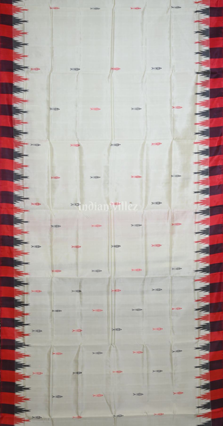White Red Black Fish Motif Double Pallu Berhampuri Silk Saree