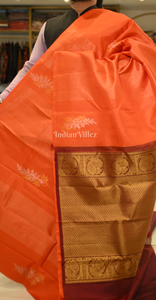 Exclusive Orange maroon Brocade Pure Kanjivaram Silk Saree 