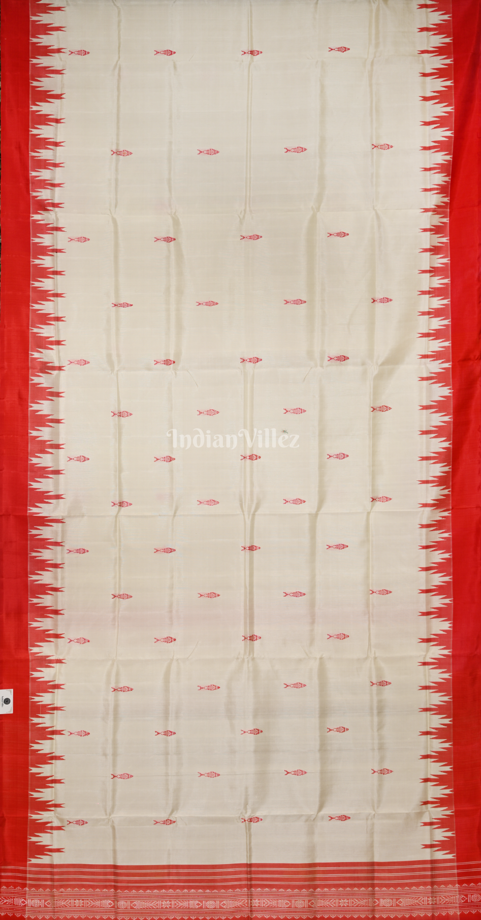 White Red Fish Motif Double Pallu Berhampuri Silk Saree