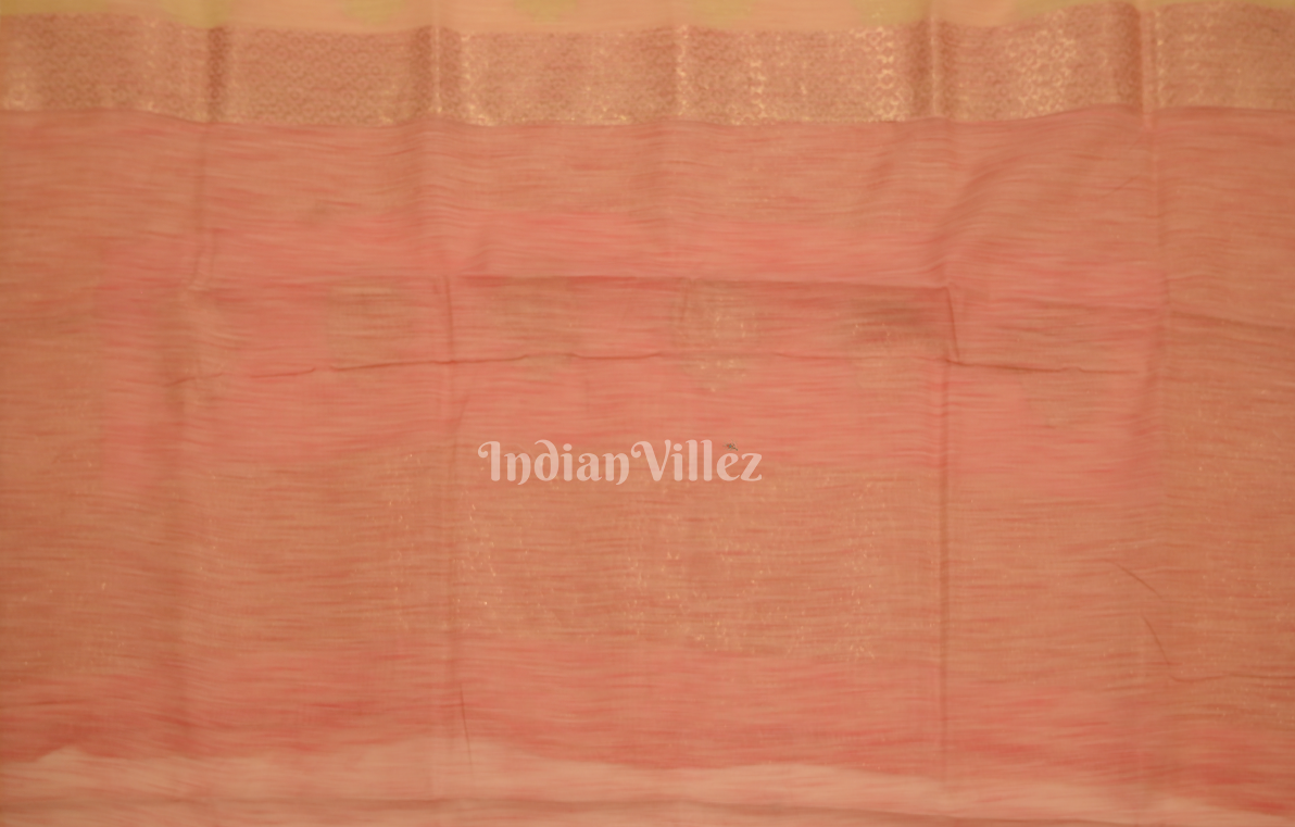 Light Yellow Baby Pink Pure Multicoloured Linen Banarasi Saree