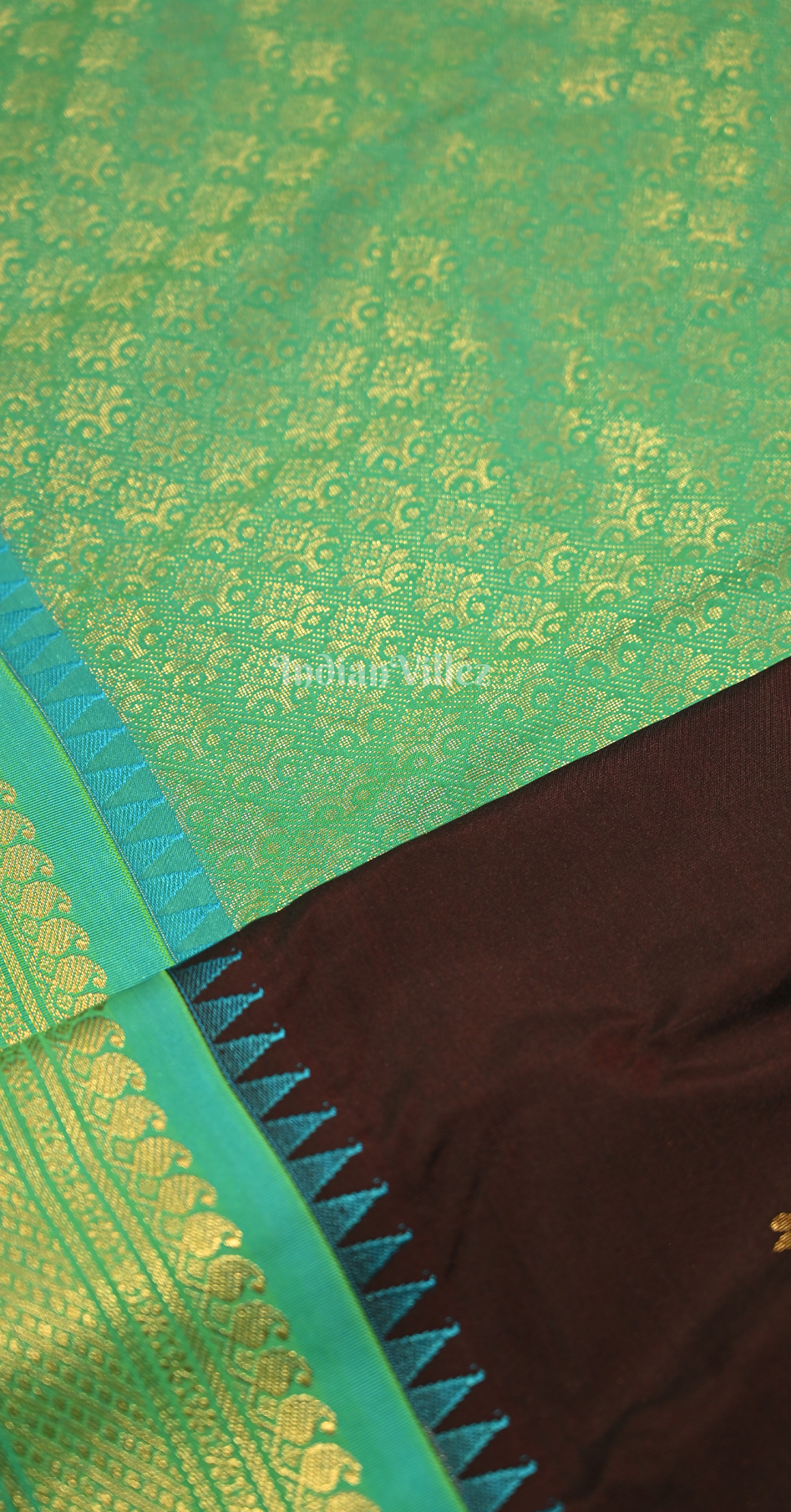 Elegant Brown Sea Green Butti Design Pure Gadwal Silk Saree
