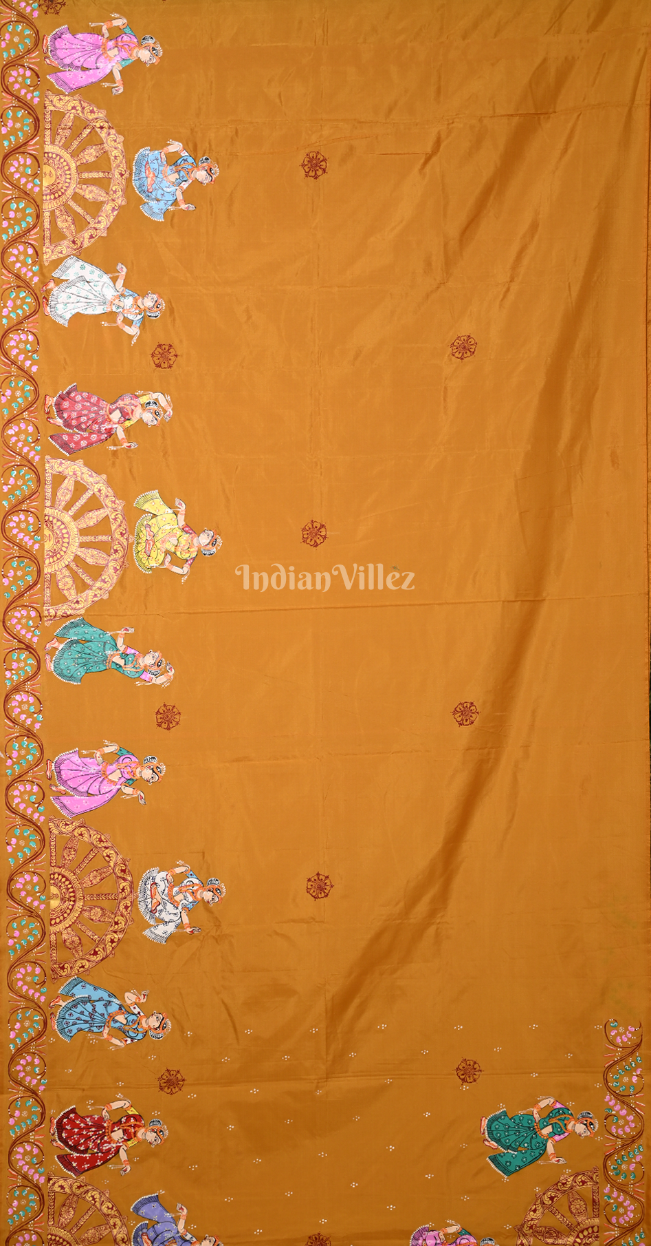 Red Mustard Yellow Nartaki Konark Temple Hand-Painted Pattachitra Saree