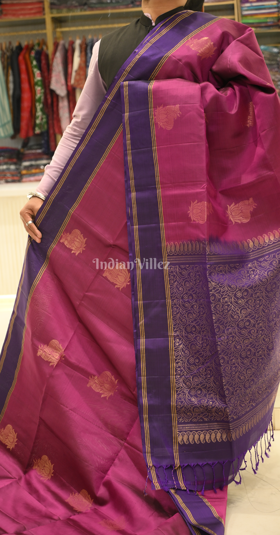Magenta Pink Purple Floral Zari Pure Kanjivaram Soft Silk Saree