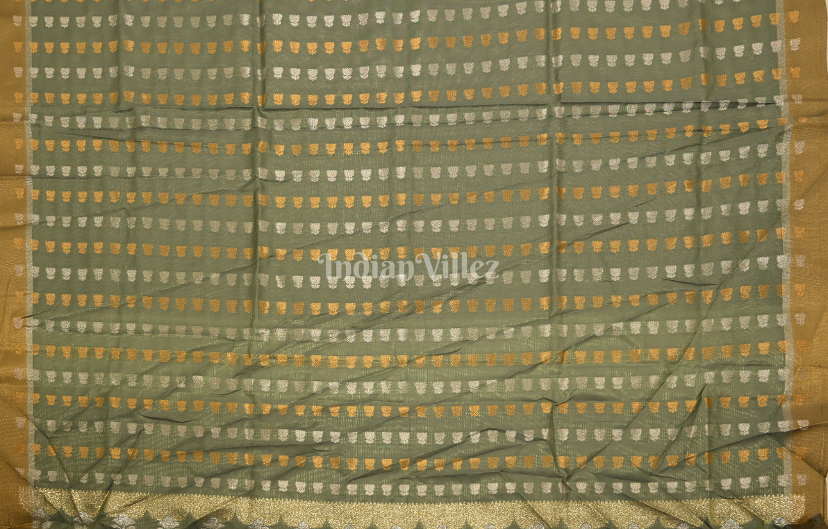 Olive Green Golden Zari Base Designer Lotus Saree