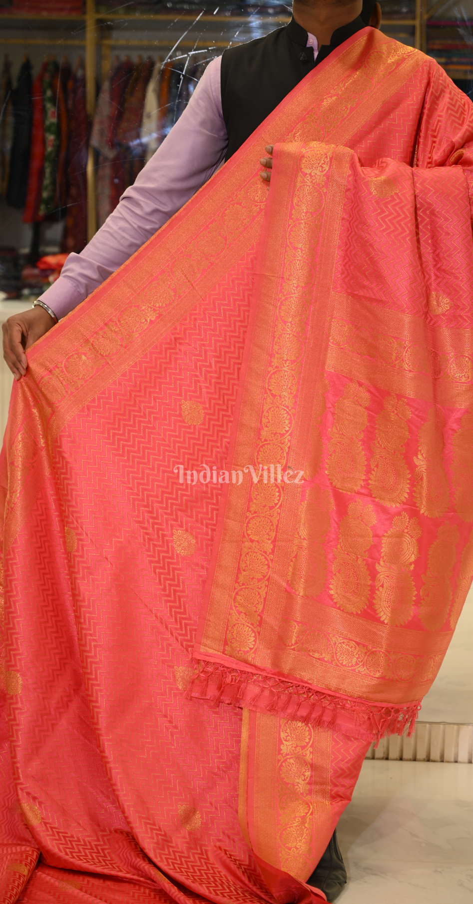 Carrot Pure Satin Kanjivaram Silk Saree with Brocade Work