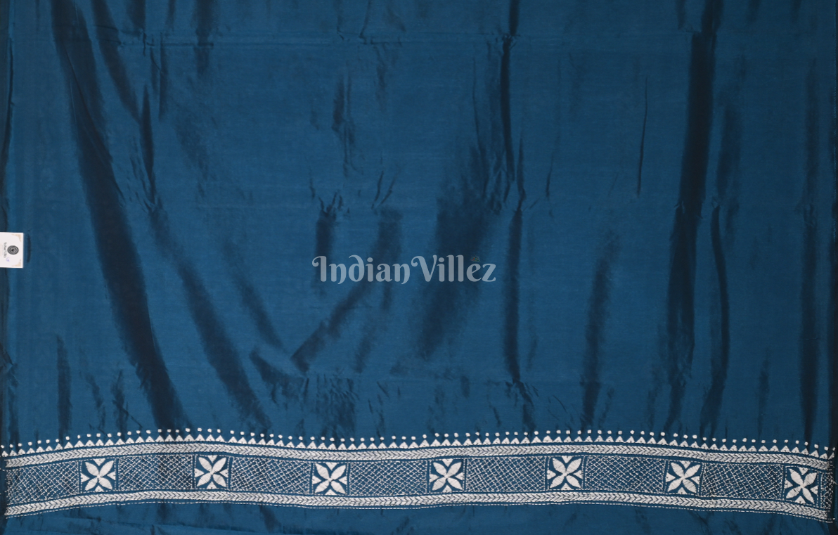 Indigo Blue Handwoven Kantha Stitch Silk Saree 