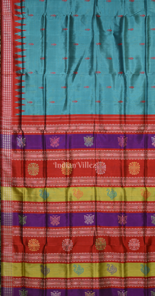Turquoise Blue Red Fish Motif Double Pallu Berhampuri Silk Saree