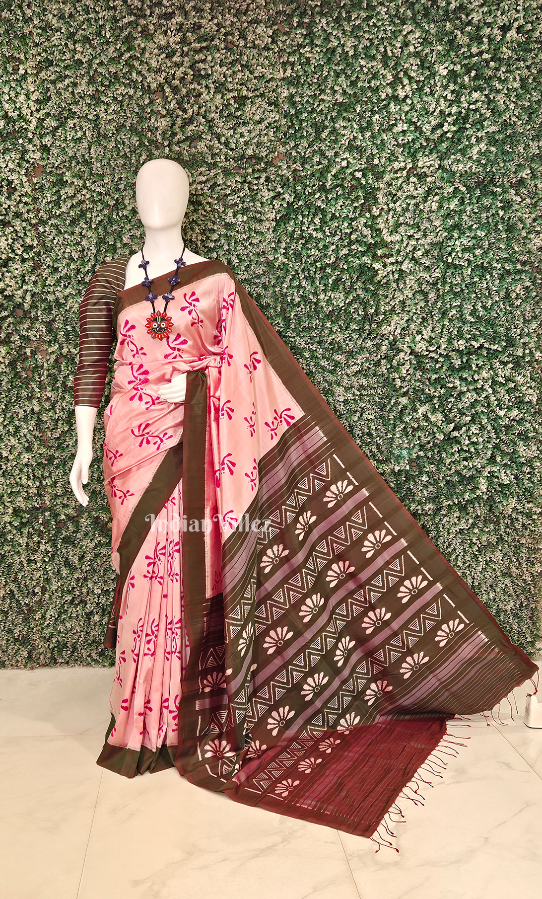 Baby Pink Moss Green Contemporary Designer Silk Saree
