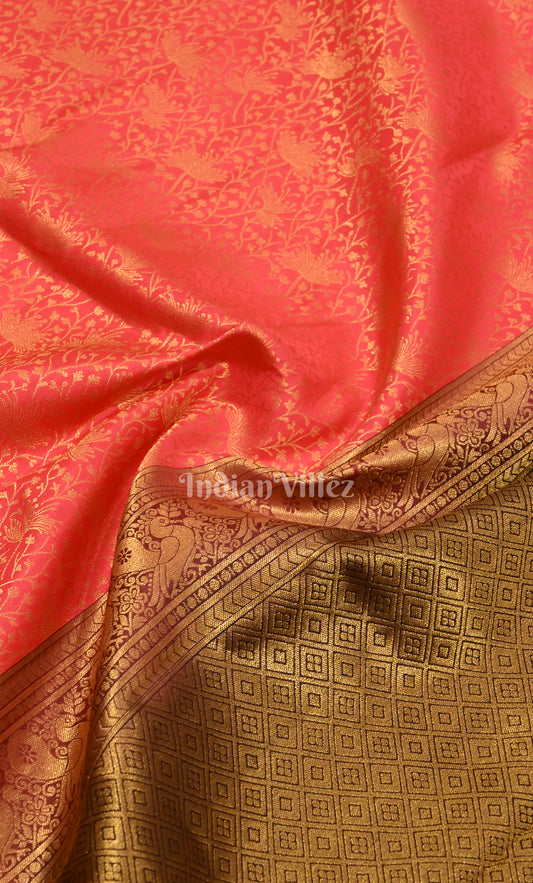 Peach Pink Coffee pure Kanjivaram Silk Saree with Zari Brocade