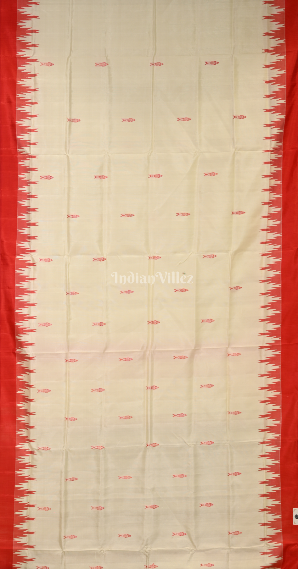 White with MultiColor Fish Motif Double Pallu Berhampuri Silk Saree 