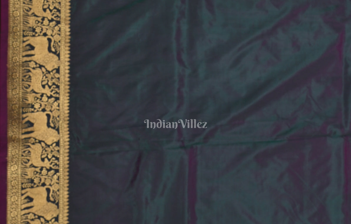 Peacock Blue Purple Dual Tone Pure Katan Silk Banarasi Saree