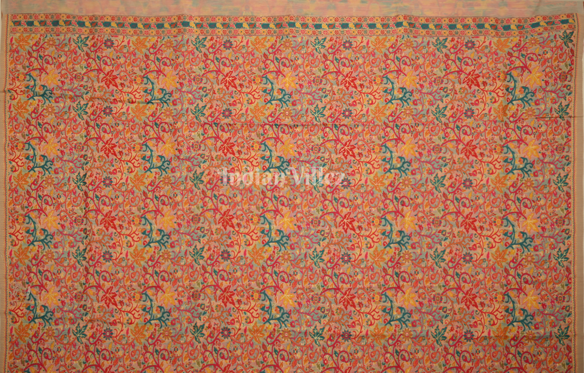  Off White Tree of Life Pure Kashmiri Cotton Pashmina Saree