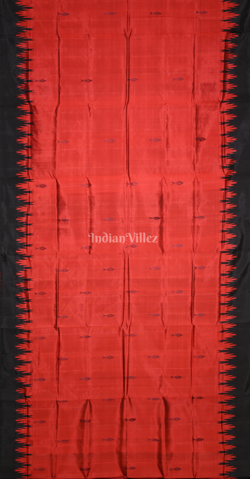 Red Black Fish Motif Double Pallu Berhampuri Silk Saree 