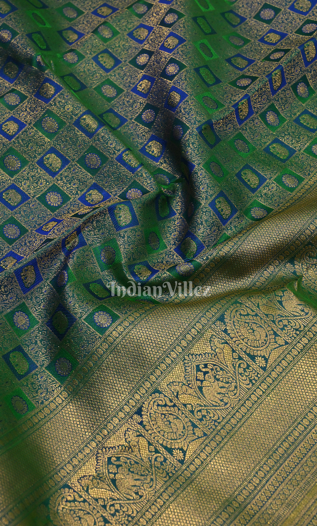 Blue Green Pure Kanjivaram Silk Saree with Zari Brocade