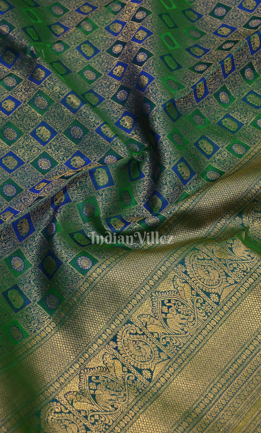 Blue Green Pure Kanjivaram Silk Saree with Zari Brocade