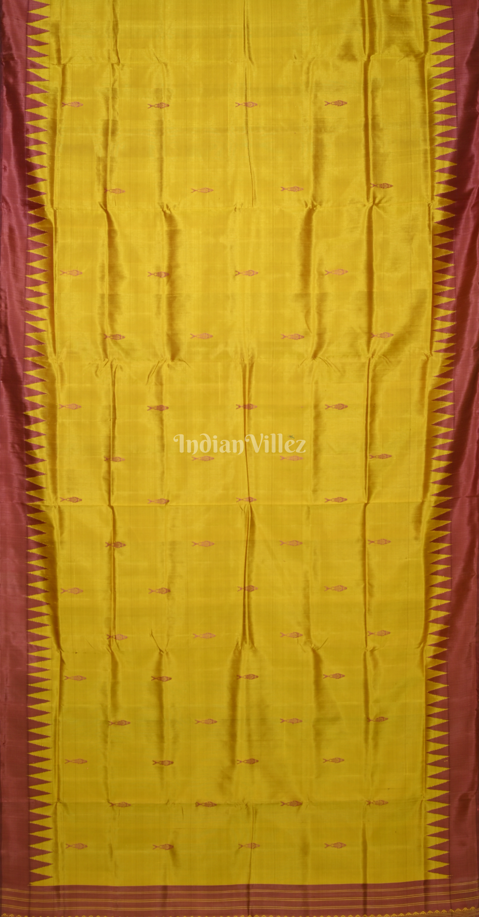 Mustard Yellow Fish Motif Double Pallu Berhampuri Silk Saree 