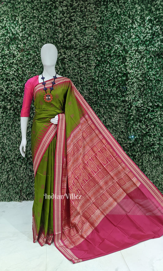 Mehendi Green Rani Pink Odisha Ikat Bomkai Sambalpuri Silk Saree