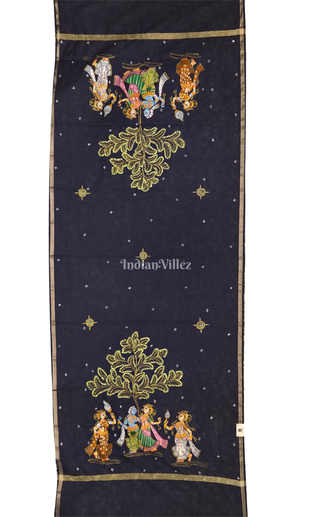 Navy Blue Krishna Raas Leela Hand-Painted Pattachitra Chanderi Dupatta 