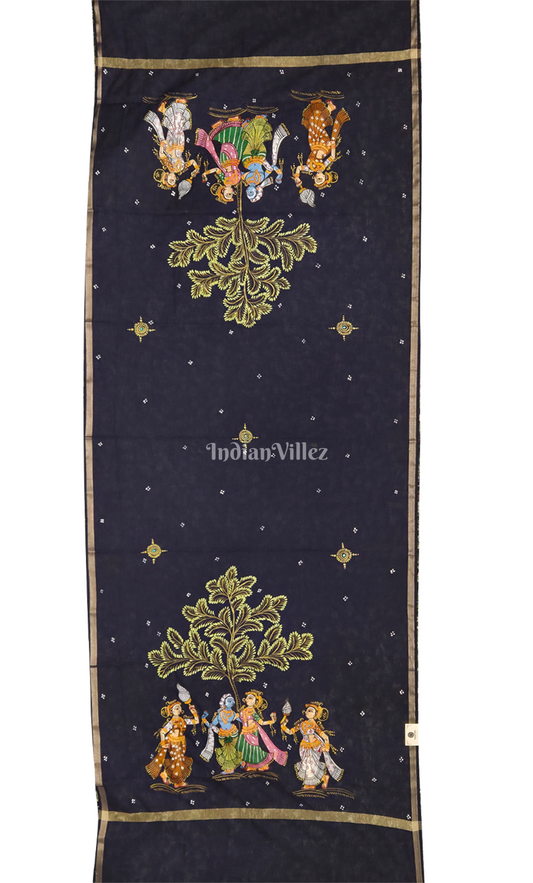 Navy Blue Krishna Raas Leela Hand-Painted Pattachitra Chanderi Dupatta 