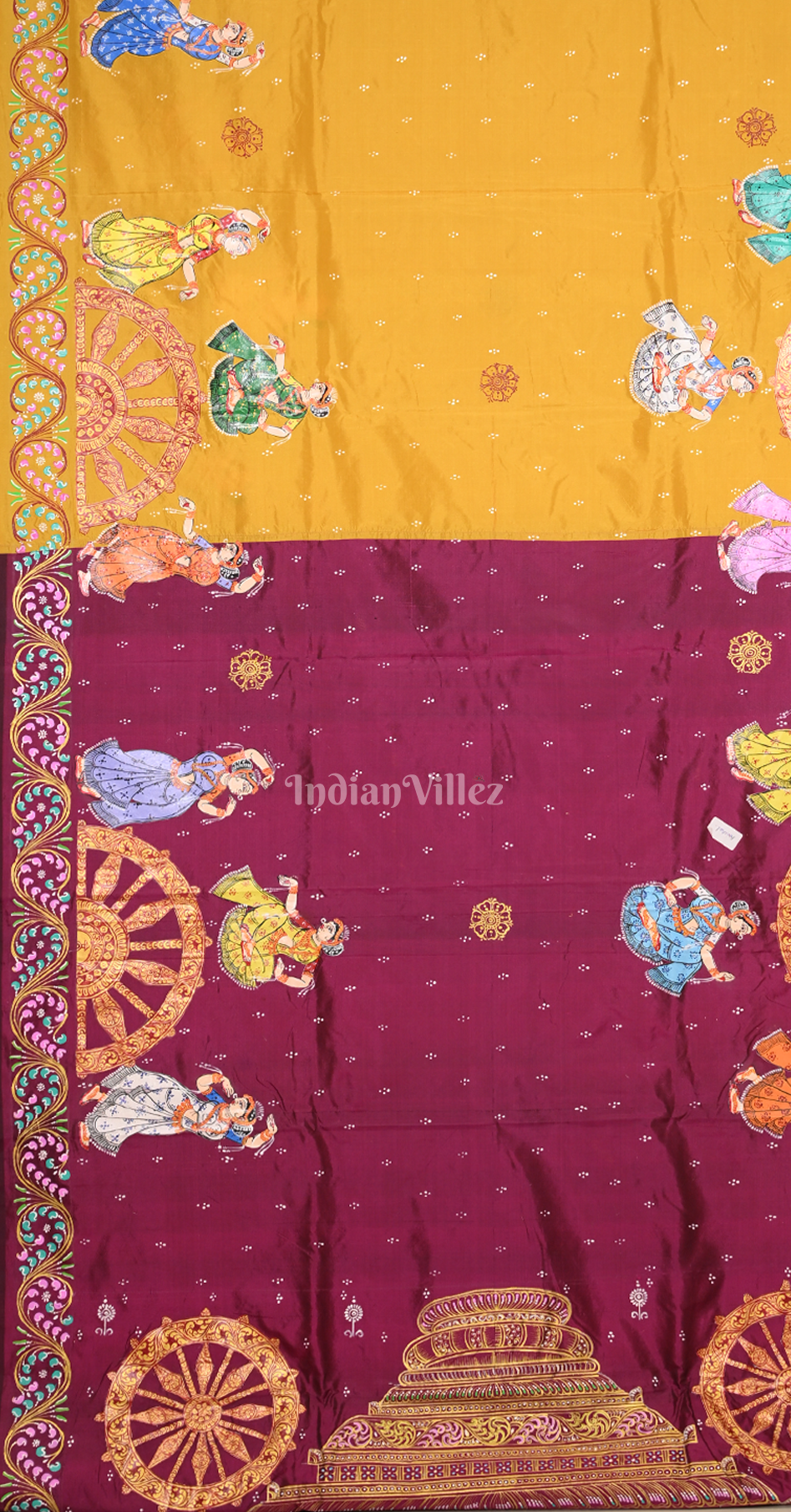 Magenta Pink Yellow Nartaki Konark Temple Hand-Painted Pattachitra Saree