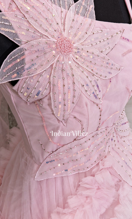 Party Wear Light Pink Net Flared Gown