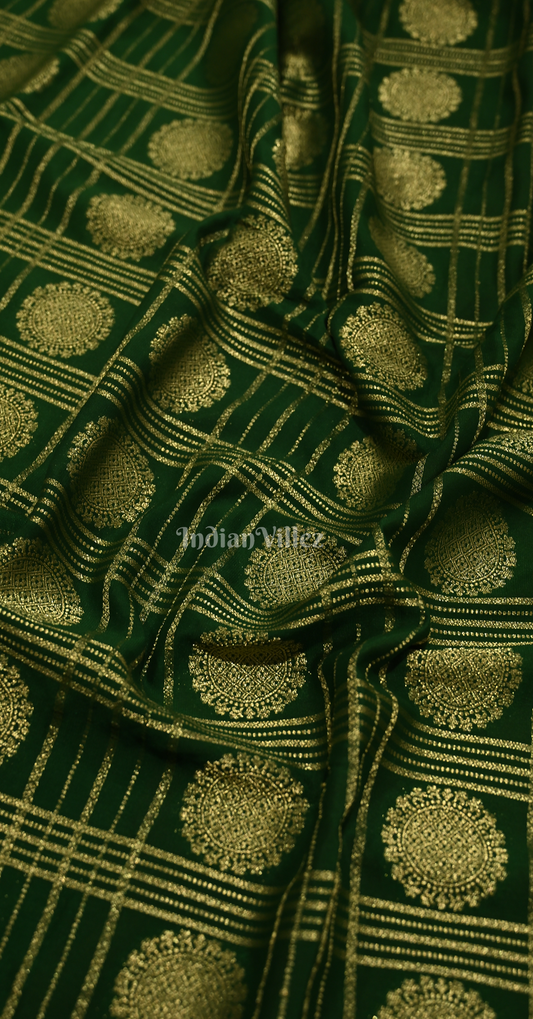 Green Red Checks Buta Pure Crepe Kanjivaram Silk Saree